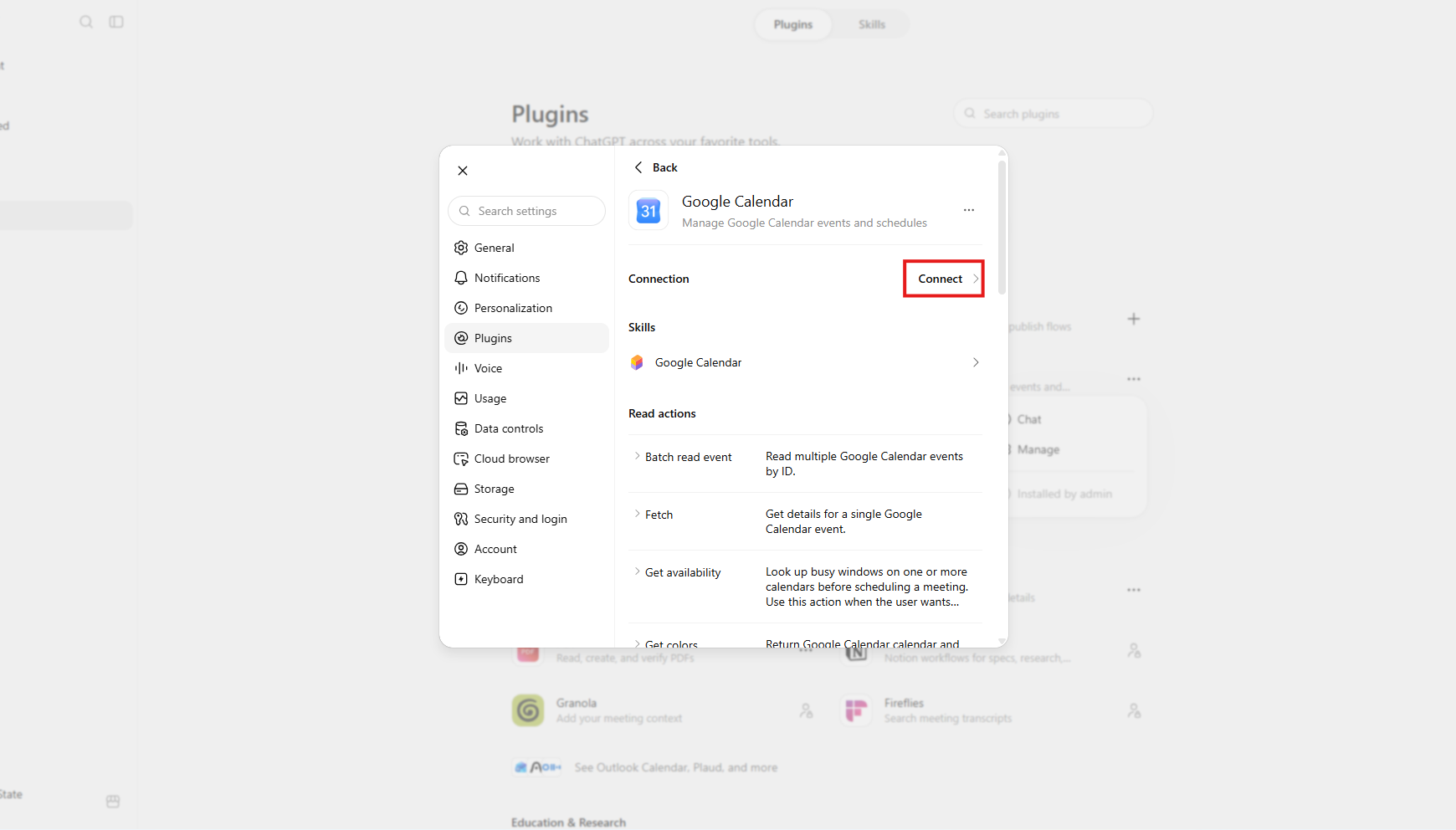 Google Calendar plugin settings window in ChatGPT, with the Connect button highlighted by a red box.