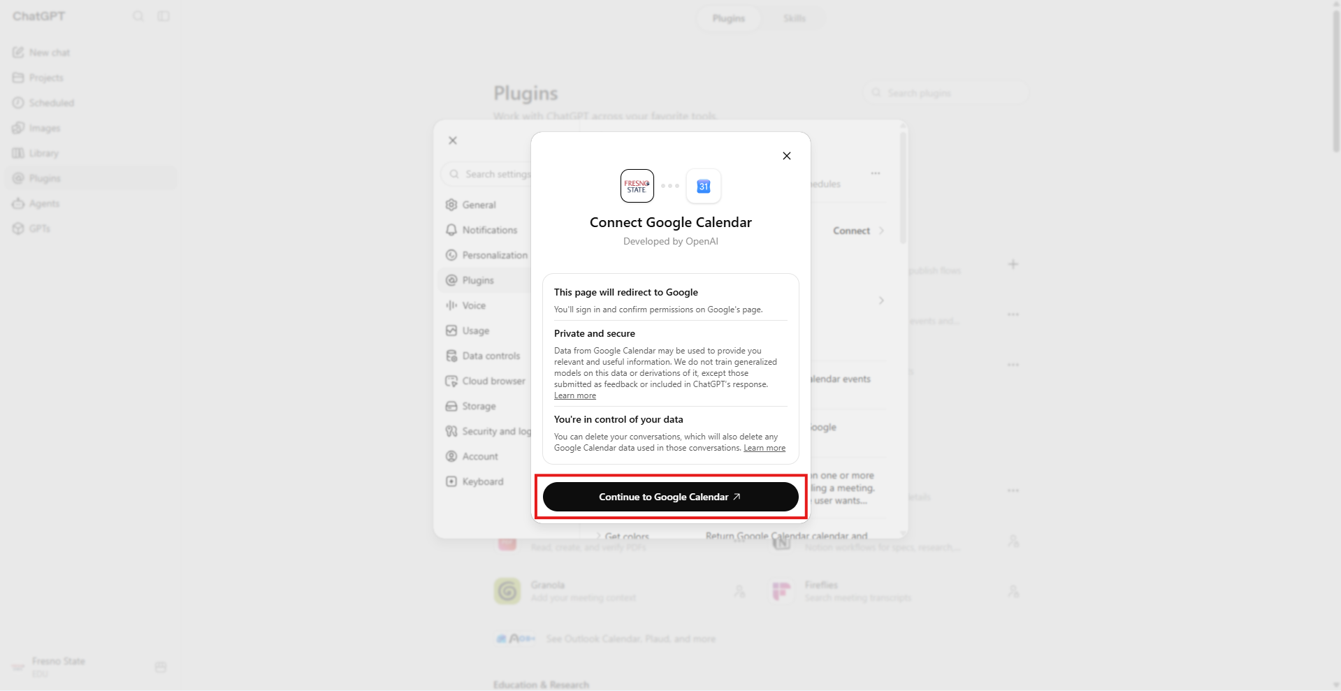 oogle Calendar connection confirmation window in ChatGPT, with the Continue to Google Calendar button highlighted by a red box