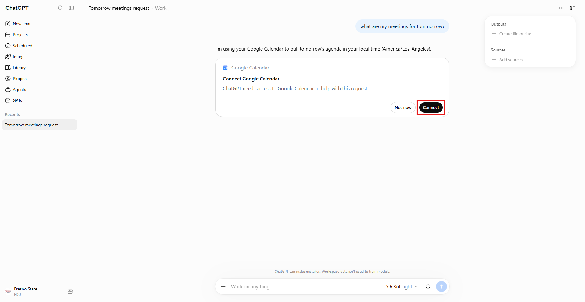 ChatGPT conversation showing a request for tomorrow’s meetings and a prompt to connect Google Calendar, with the Connect button highlighted by a red box.