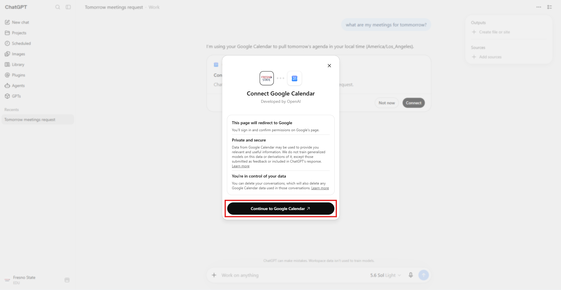 Google Calendar connection confirmation window in ChatGPT, with the Continue to Google Calendar button highlighted by a red box.