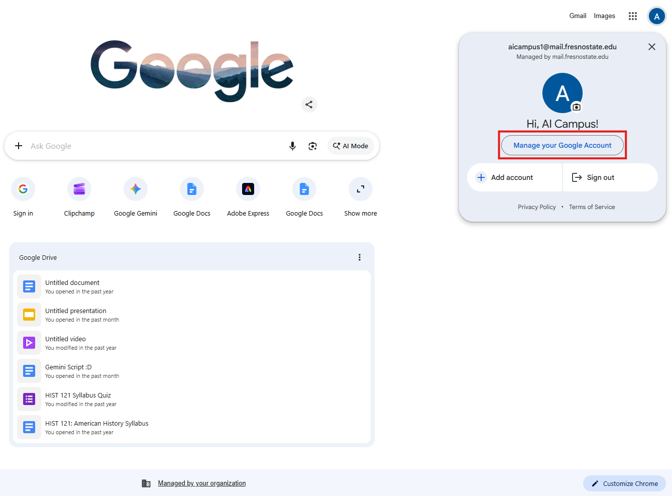 Google account menu with Manage your Google Account highlighted by a red box.