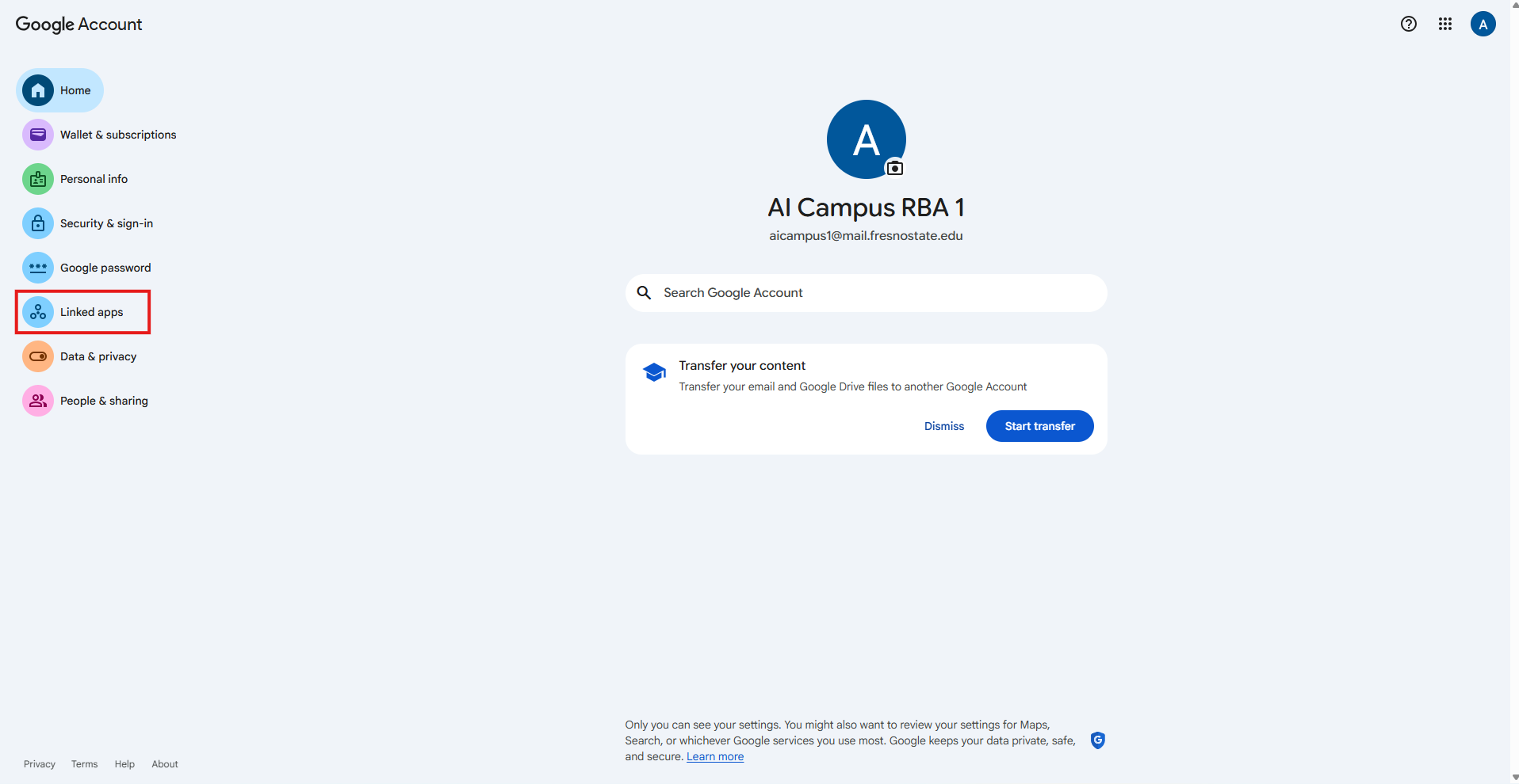 Google Account page with Linked apps highlighted by a red box.