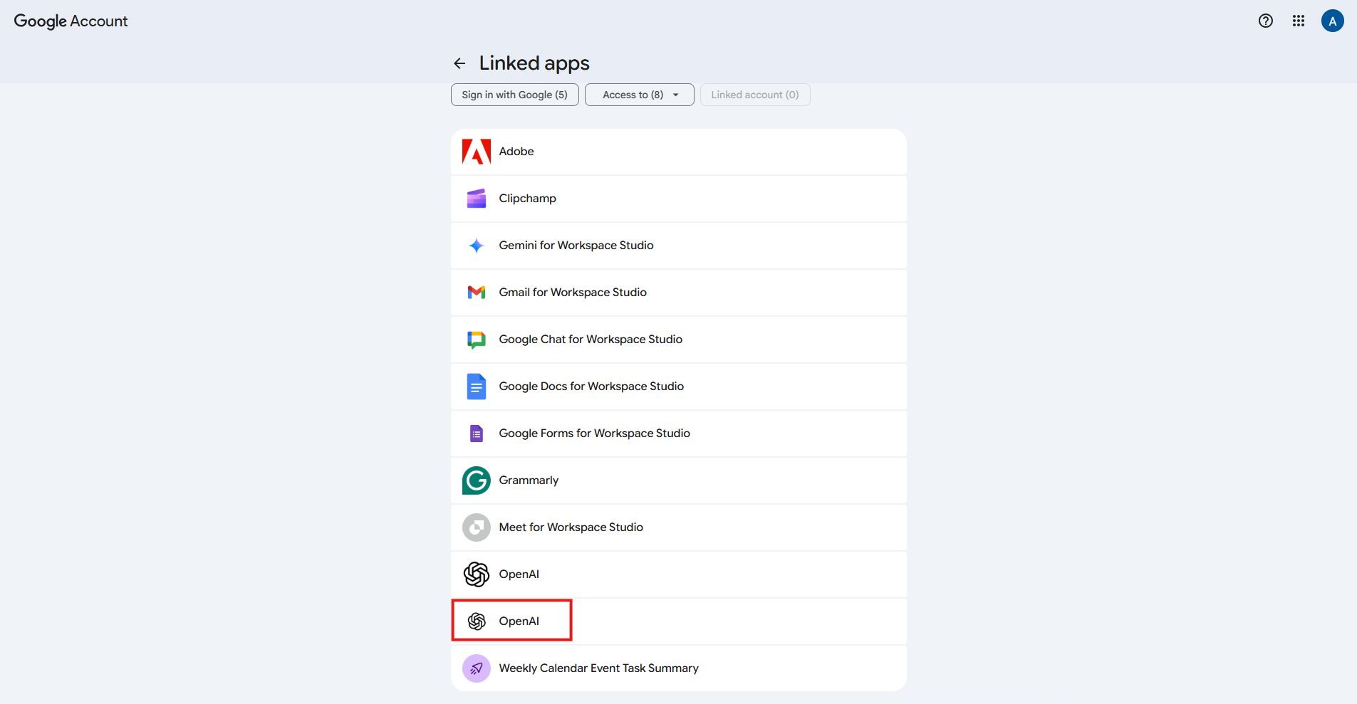 Linked apps page with OpenAI highlighted by a red box.