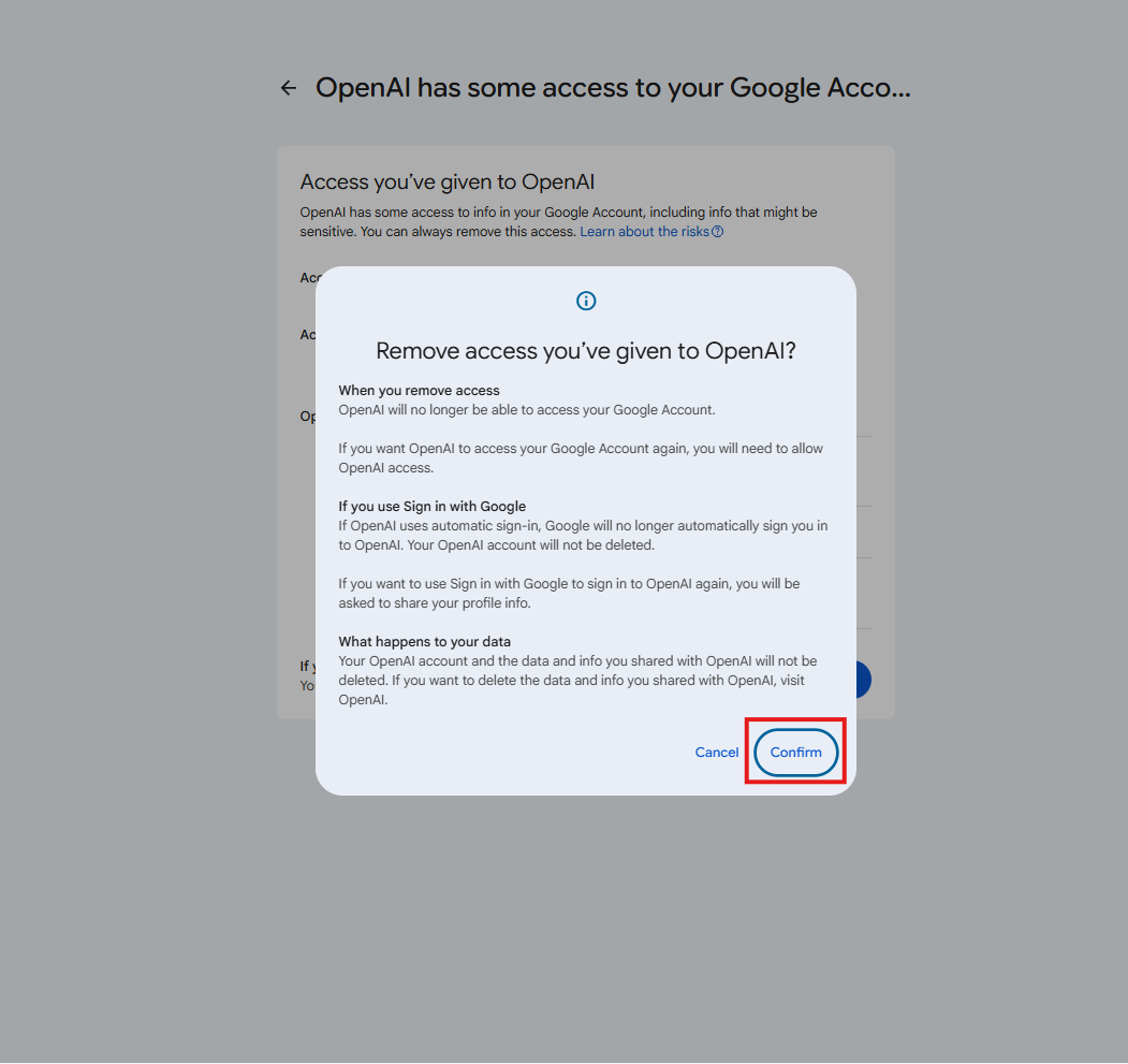 Access-removal confirmation window with the Confirm button highlighted by a red box.