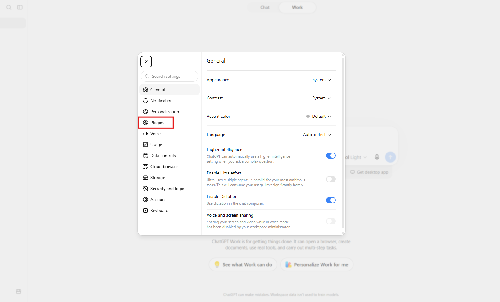 ChatGPT Settings window with the Plugins option in the left sidebar highlighted by a red box.