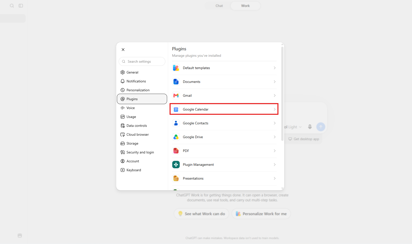 ChatGPT Settings window displaying installed plugins, with Google Calendar highlighted by a red box.