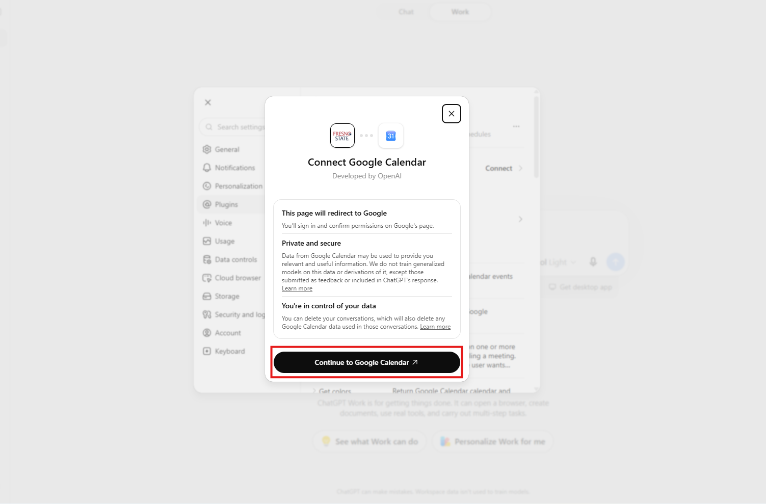 Google Calendar connection confirmation window in ChatGPT, with the Continue to Google Calendar button highlighted by a red box.