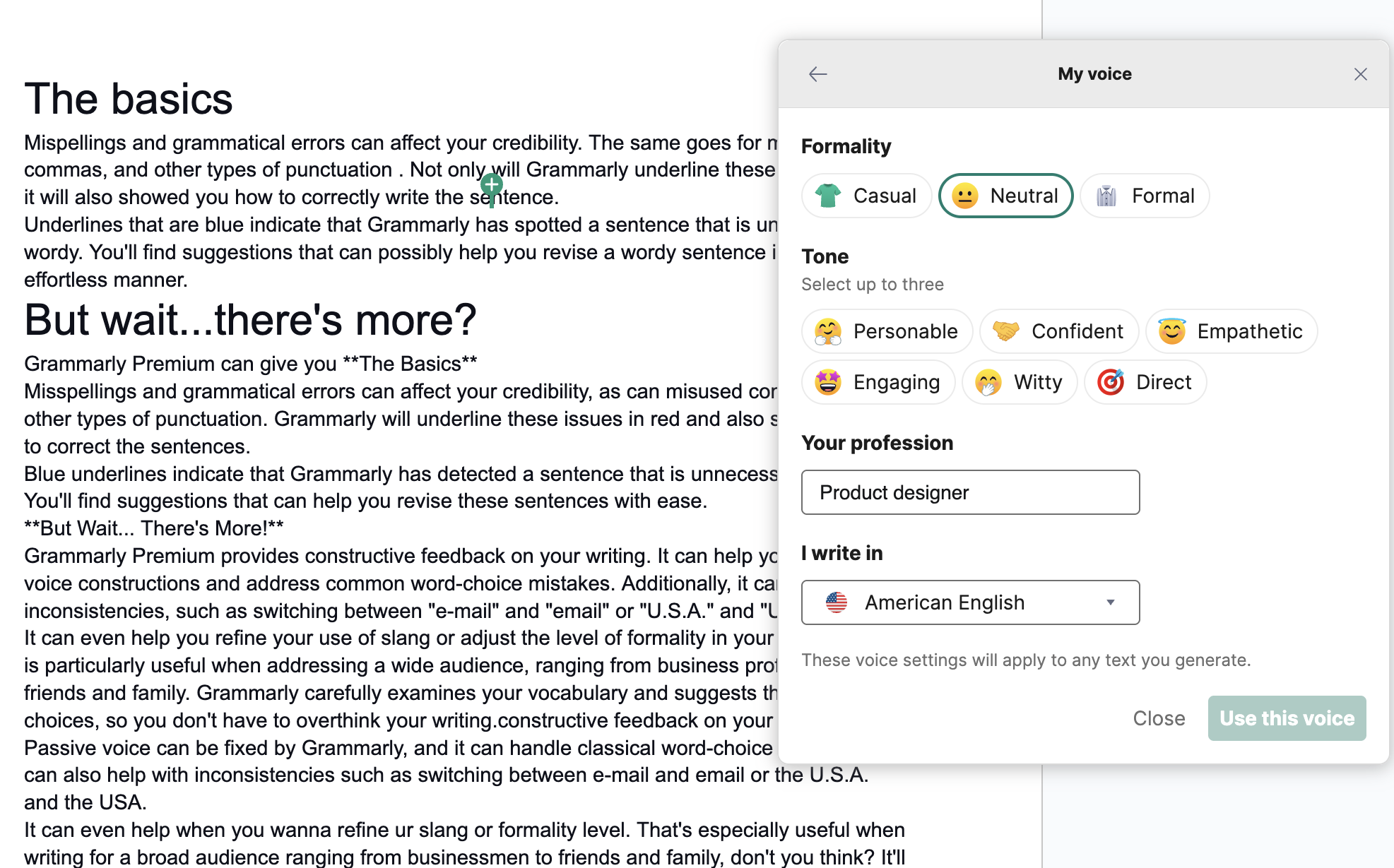 Google docs grammarly set my voice