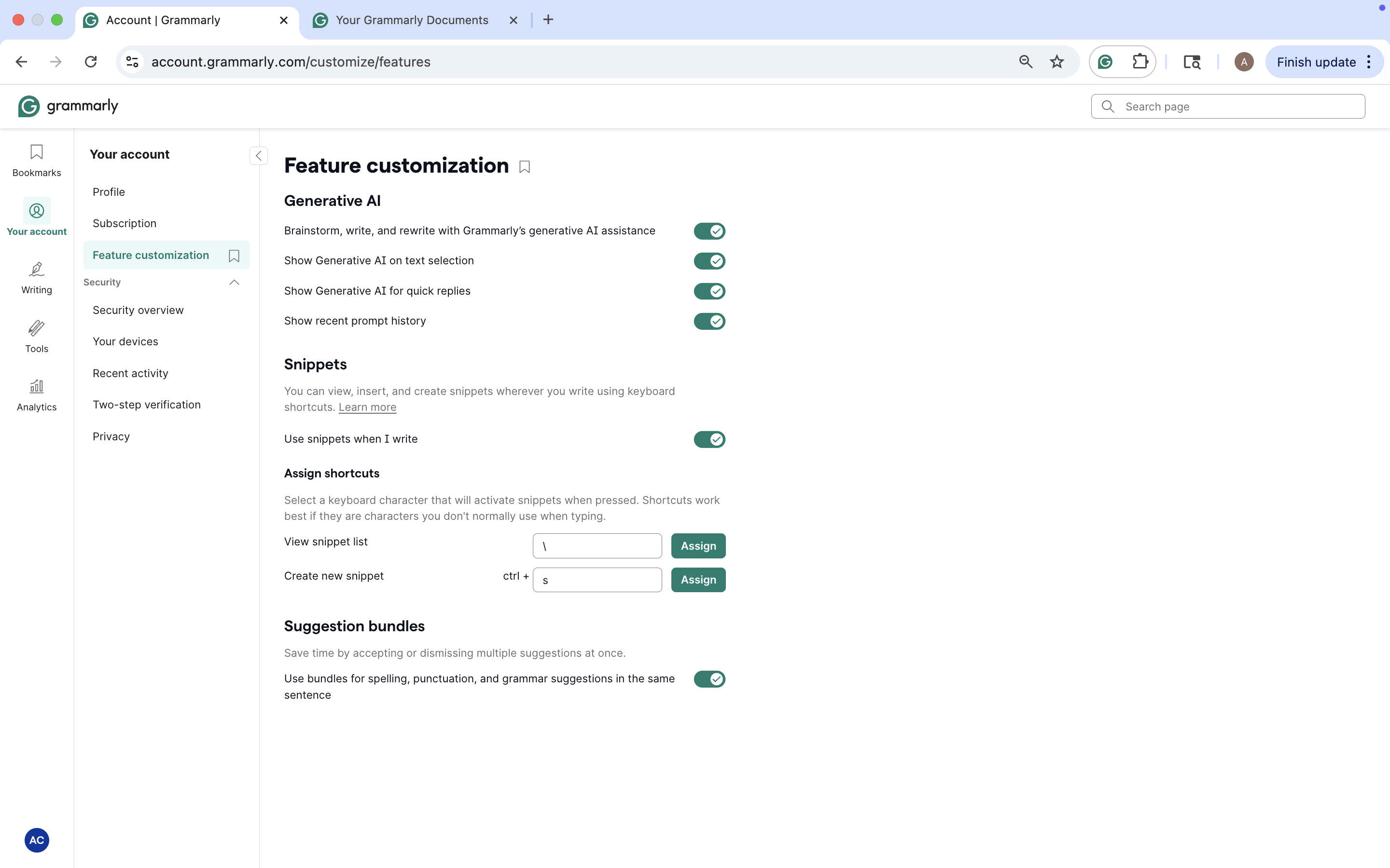 Feature customization page