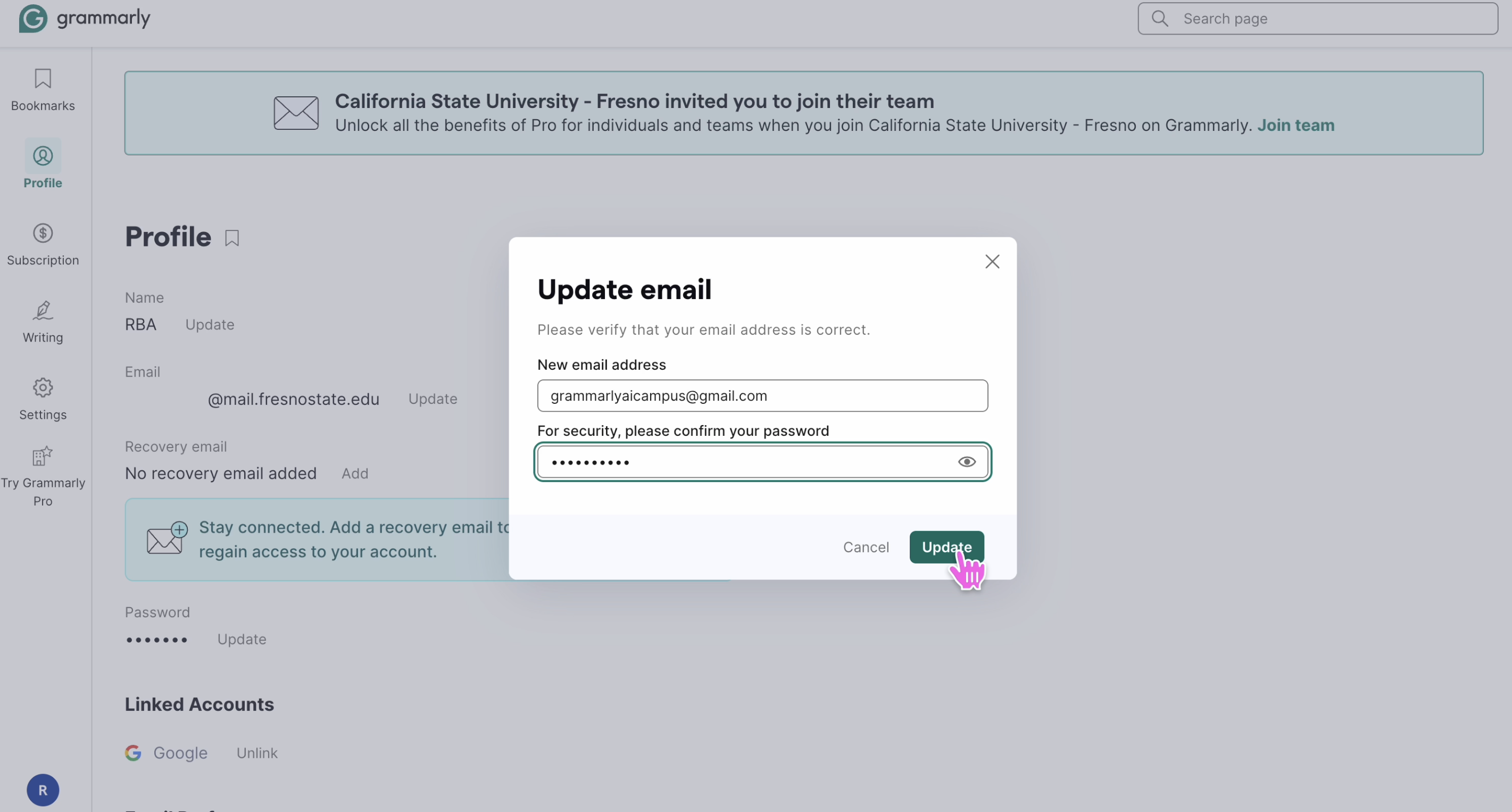 New email address and password written