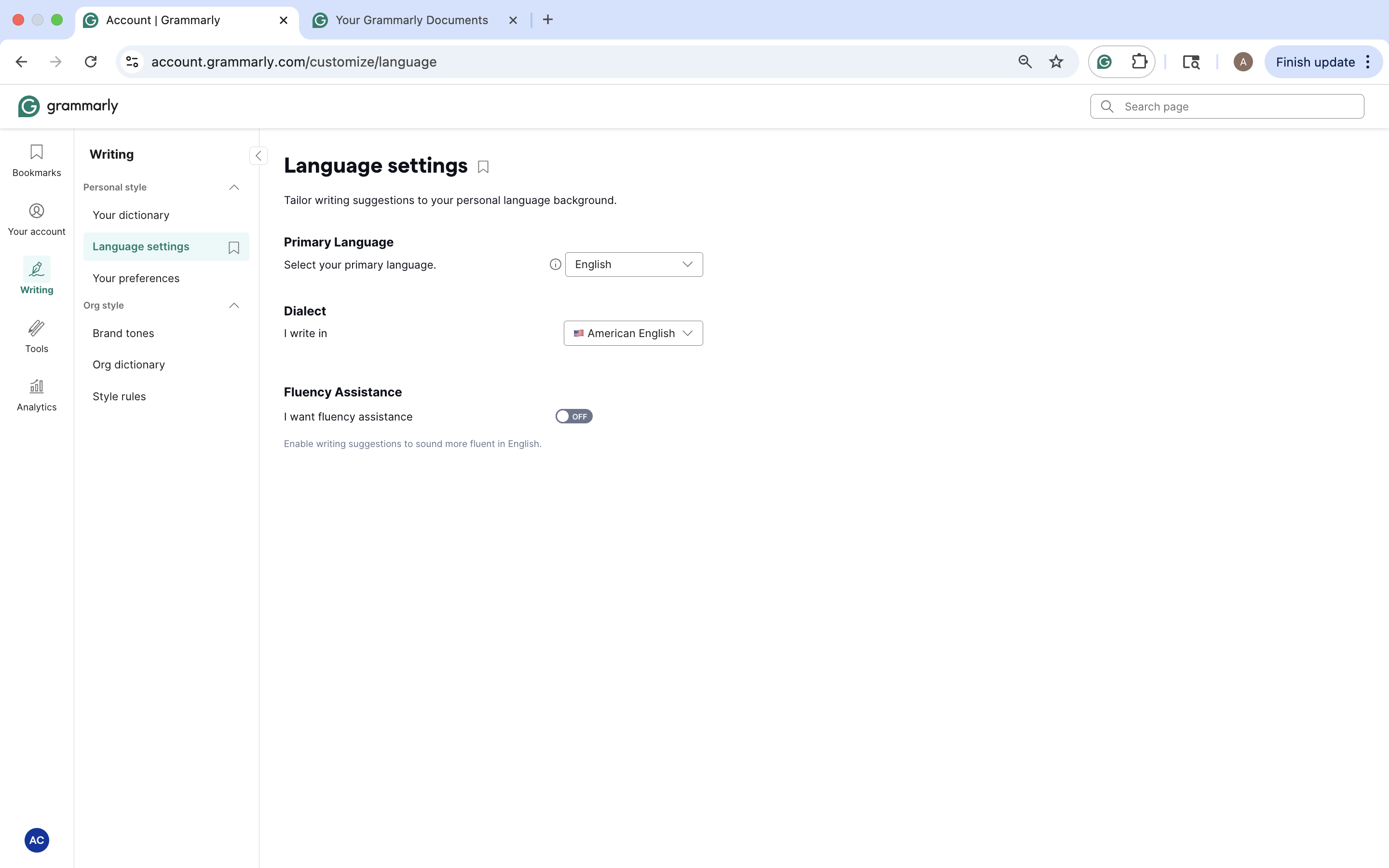 Grammarly language settings