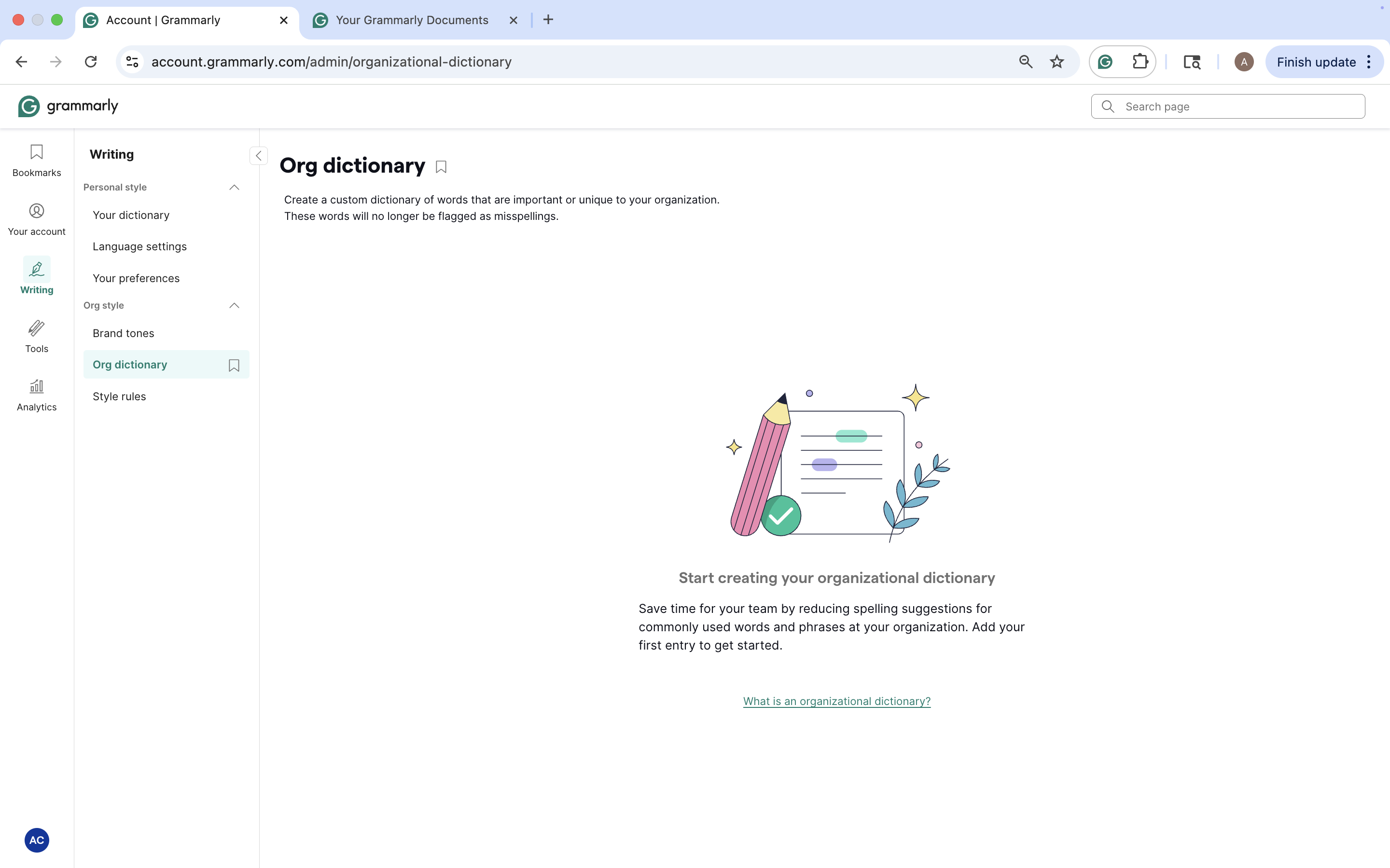 Organization dictionary menu