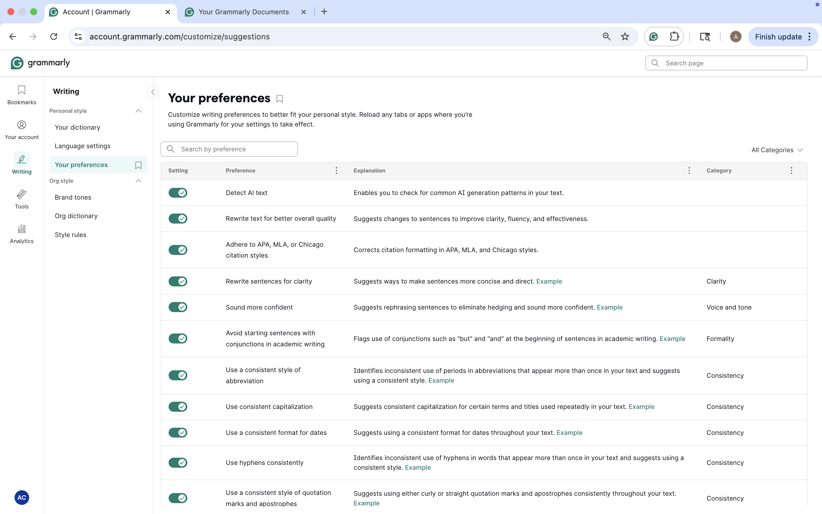 Grammarly your preferences