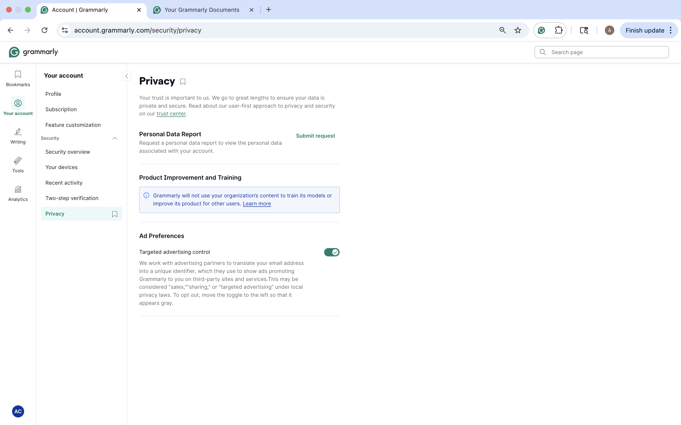 Gramamrly privacy page