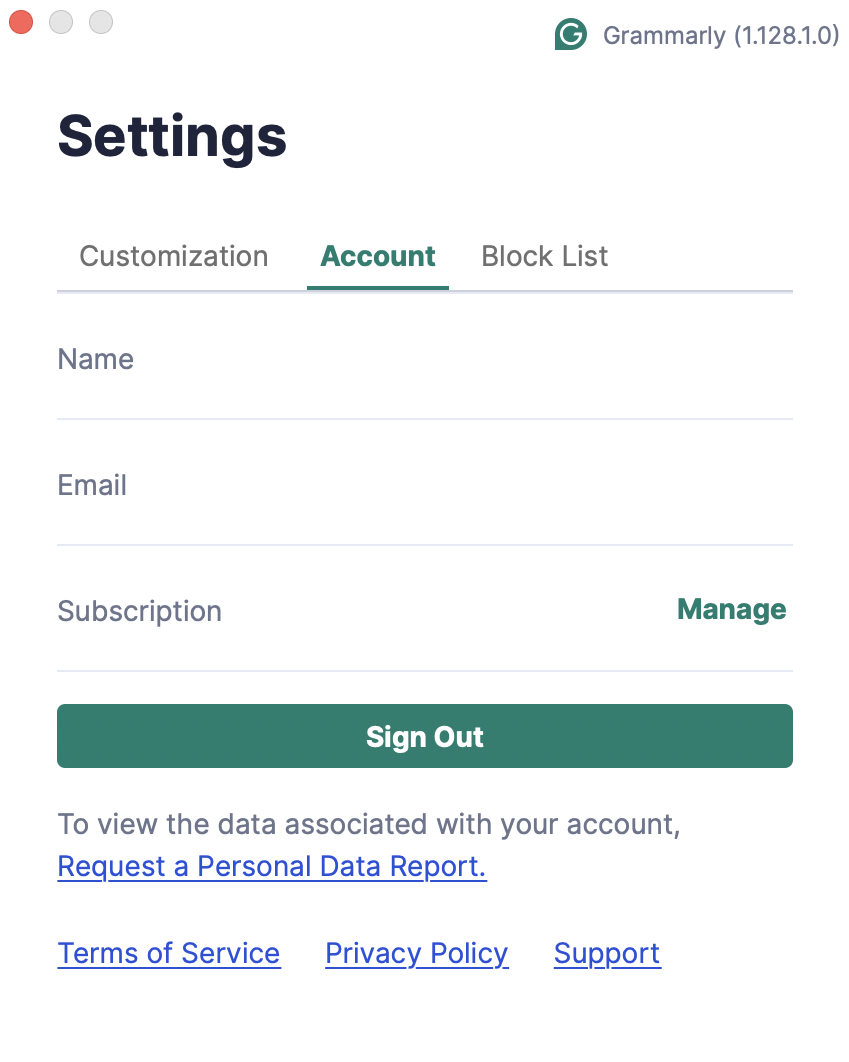 settings menu account tab