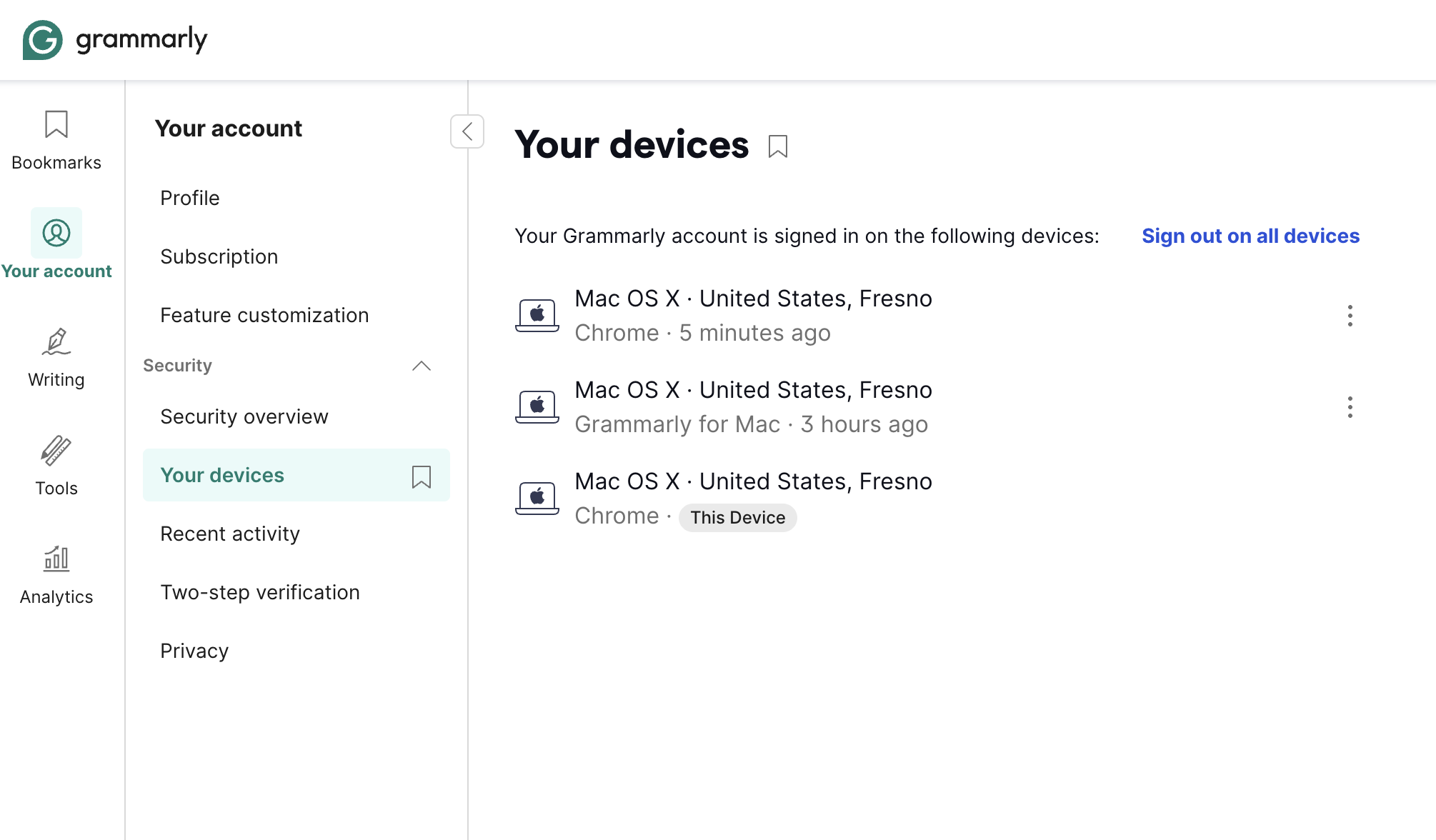 Grammarly your devices page