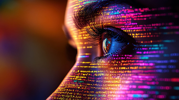 Side-view of eyes with colorful data across the face